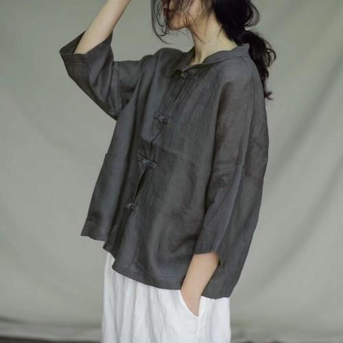 极速中式复古对襟盘扣棉麻小衫女装新款七分袖舒适透气翻领T恤上