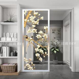 艺术玻璃玄关隔断新中式 现代透光双面入户门背景墙卫生间干区深雕