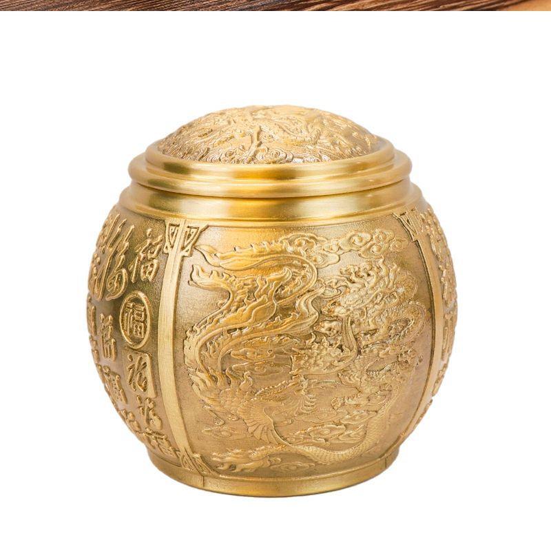 黄铜锦鲤茶叶罐储物罐高档精品铜罐带盖防潮密封罐龙凤茶叶罐摆件