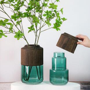 北欧风花瓶摆件客厅干花插花花束客厅摆设ins风木头玻璃花瓶网红