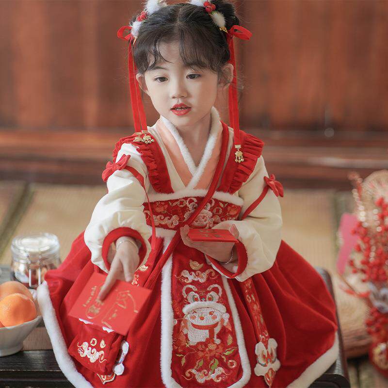 冬季中国风女童古装拜年服儿童汉服套装童装红色宝宝唐装民族风