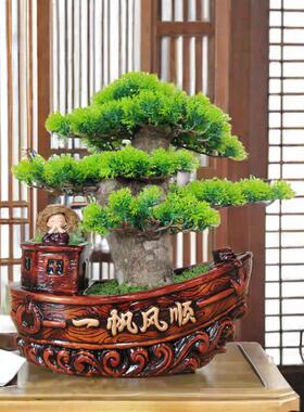 新款一帆风顺船型文竹发财树盆景办公室金色复古创意手工陶瓷花盆