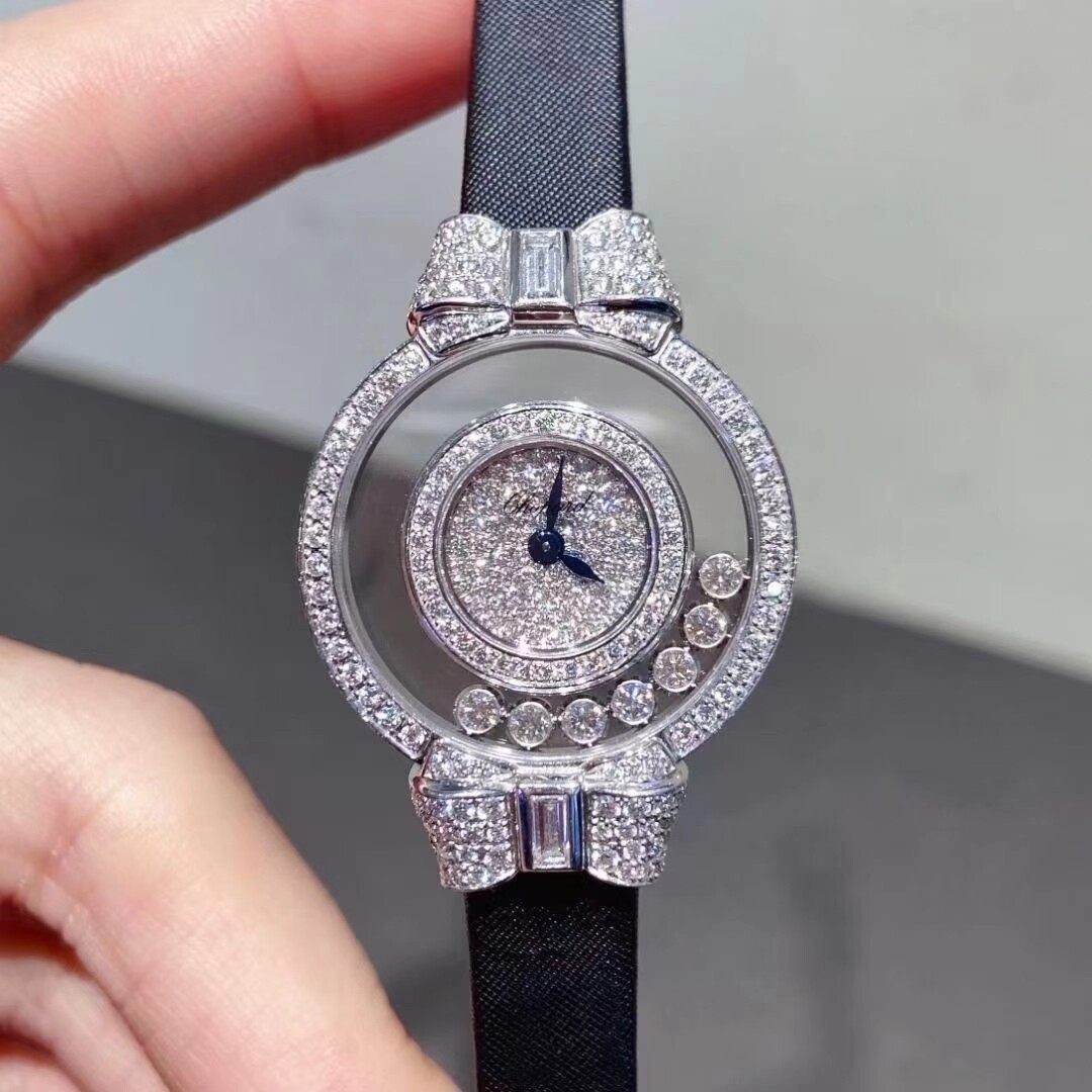 公价17.5万】98新24mm萧邦快乐钻18k白金原钻205020-1001石英女表