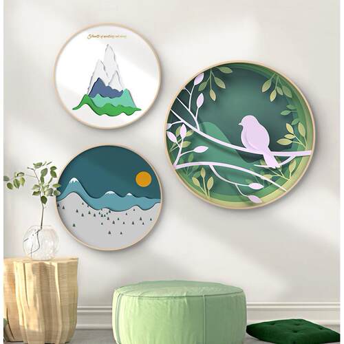 厂家北欧圆形框轻奢装饰画小清新抽象卧室挂画客厅墙画样板间壁画