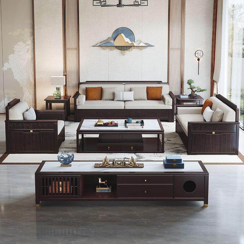 新中式实木沙发家用别墅客厅转角大户型三人位木质茶几电视柜组合