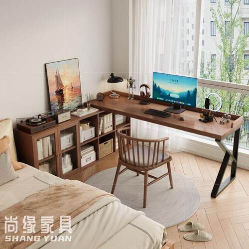 实木转角书桌书柜一体组合卧室l型双人办公桌靠墙书房拐角电脑桌