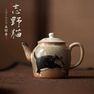 志野猫来财壶大容量陶瓷过滤泡茶壶手工绘银单壶家用功夫茶具 日式