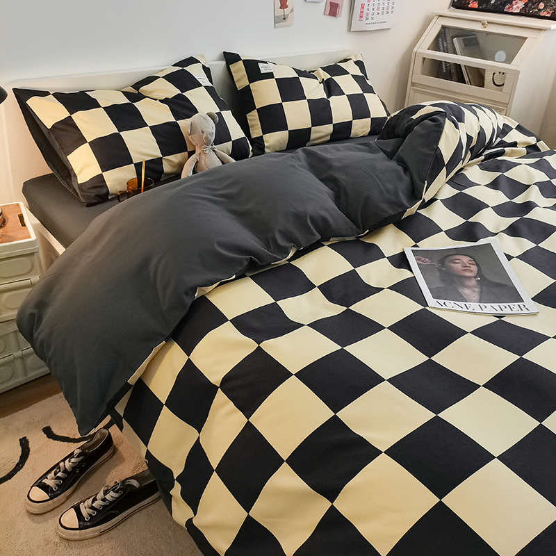 网红棋盘格四件套水洗磨毛床单被套床笠款床上用品撞色宿舍套件