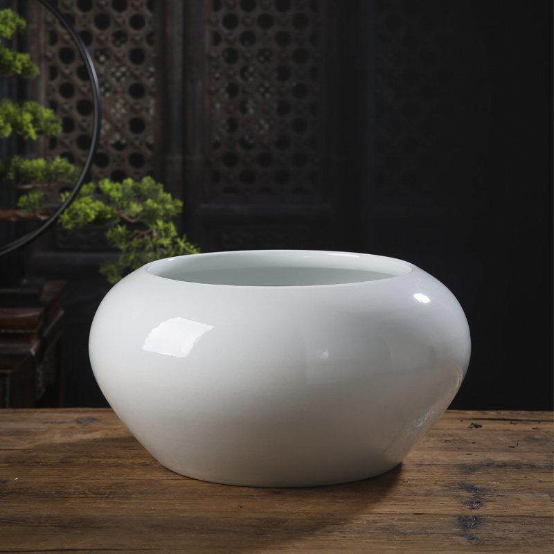 纯白风水缸景德镇陶瓷饰品聚宝盆台式瓷鱼缸小白轮胎缸鱼盆