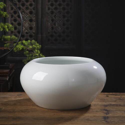 纯白风水缸景德镇陶瓷饰品聚宝盆台式瓷鱼缸小白轮胎缸鱼盆