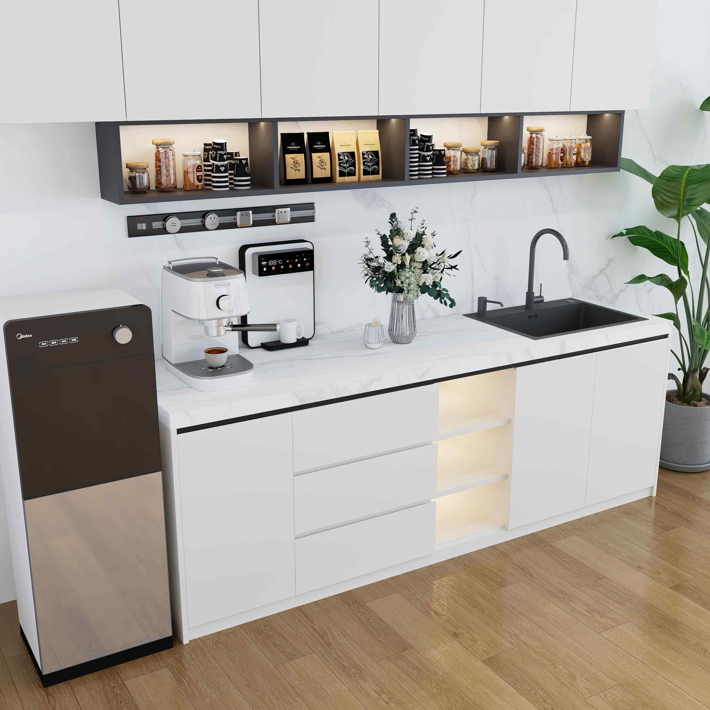 办公室靠墙水吧台一体柜商用奶茶店公司吧台带水槽阳台餐柜定制