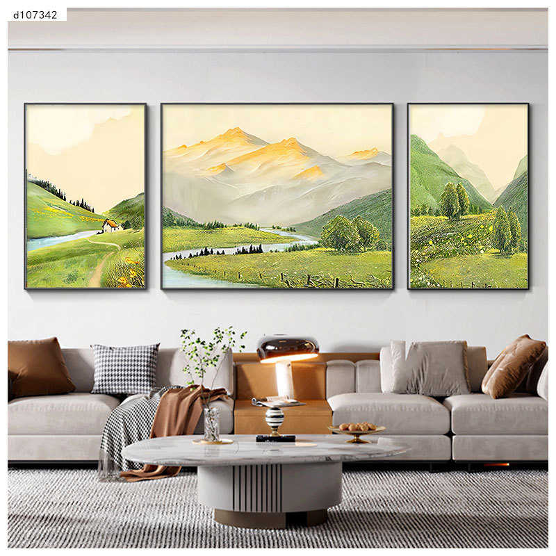 客厅金山晶挂画画墙清新装饰画风景瓷画沙发日照三联背景山水