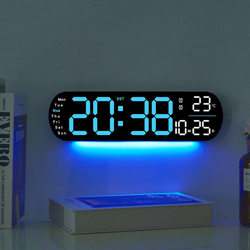 led数字时钟挂墙电子闹钟静音夜光大屏万年历时钟插电款带氛围灯