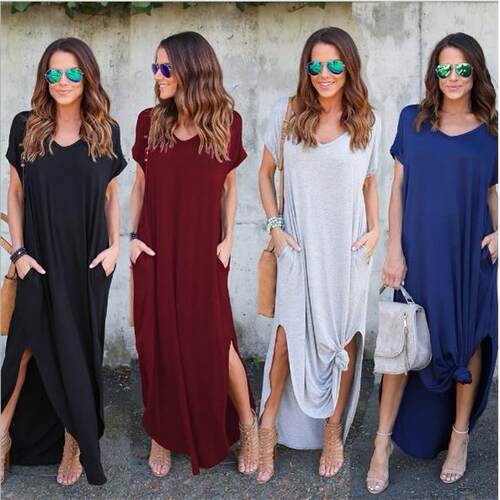 Women's Plain Basic Split Thigh High Low Tee Dress Casual