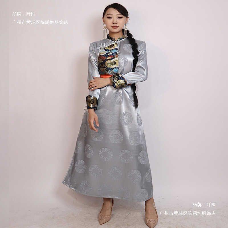 蒙古族舞蹈演出服蒙古袍子女长款日常生活装春夏季蒙古服装女