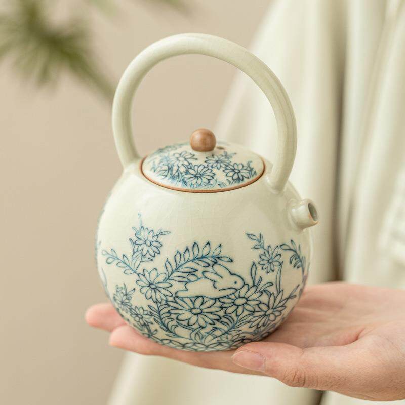 汝窑向阳花萌兔提梁壶陶瓷中式茶壶泡茶家用带过滤茶具泡茶壶单壶