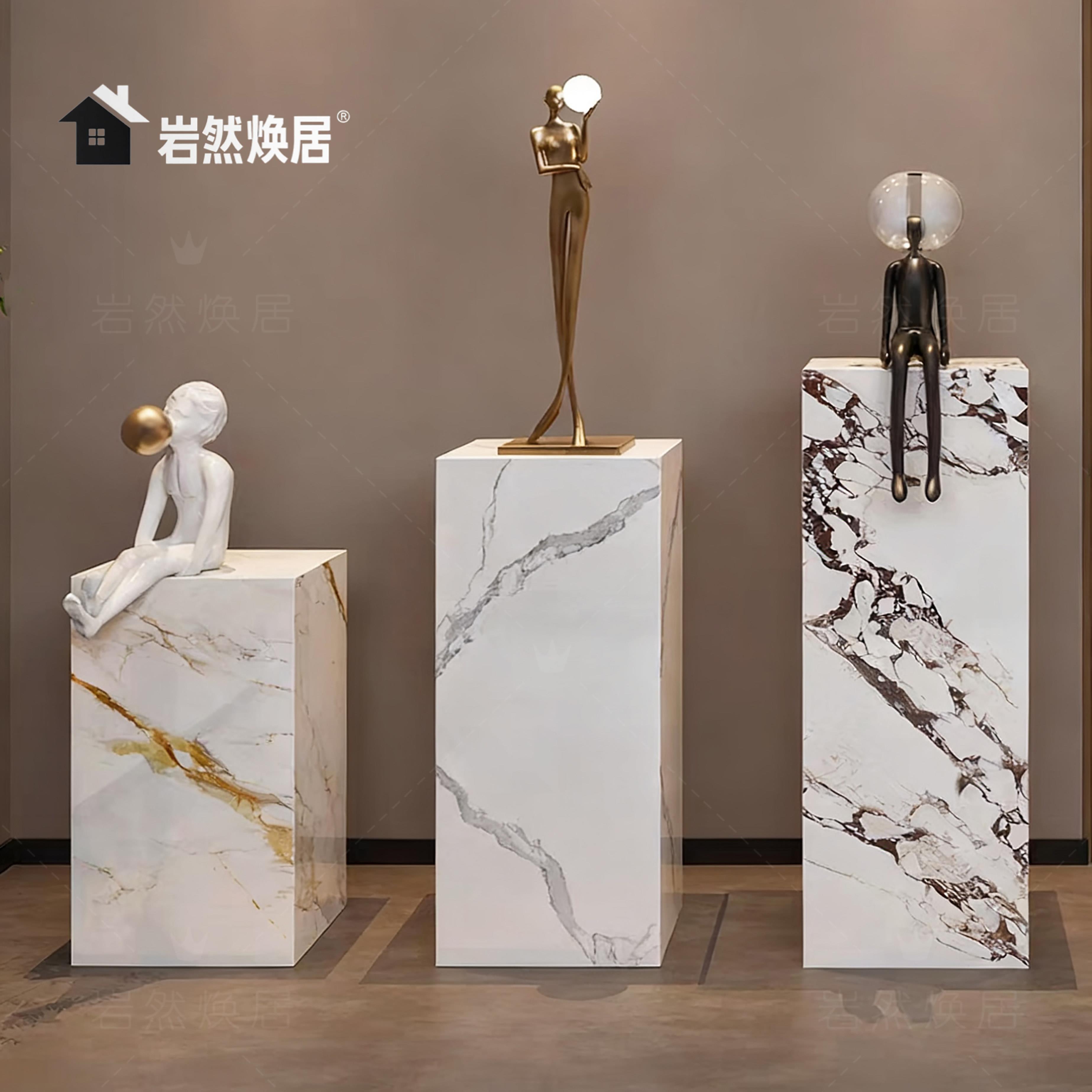 新品鱼肚金岩板花架展示台客厅玄关雕塑摆件大理石底座摆台工艺礼