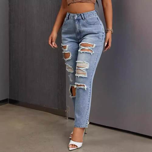 Women's Plain Ripped Distressed Destroyed Medium Wash Denim