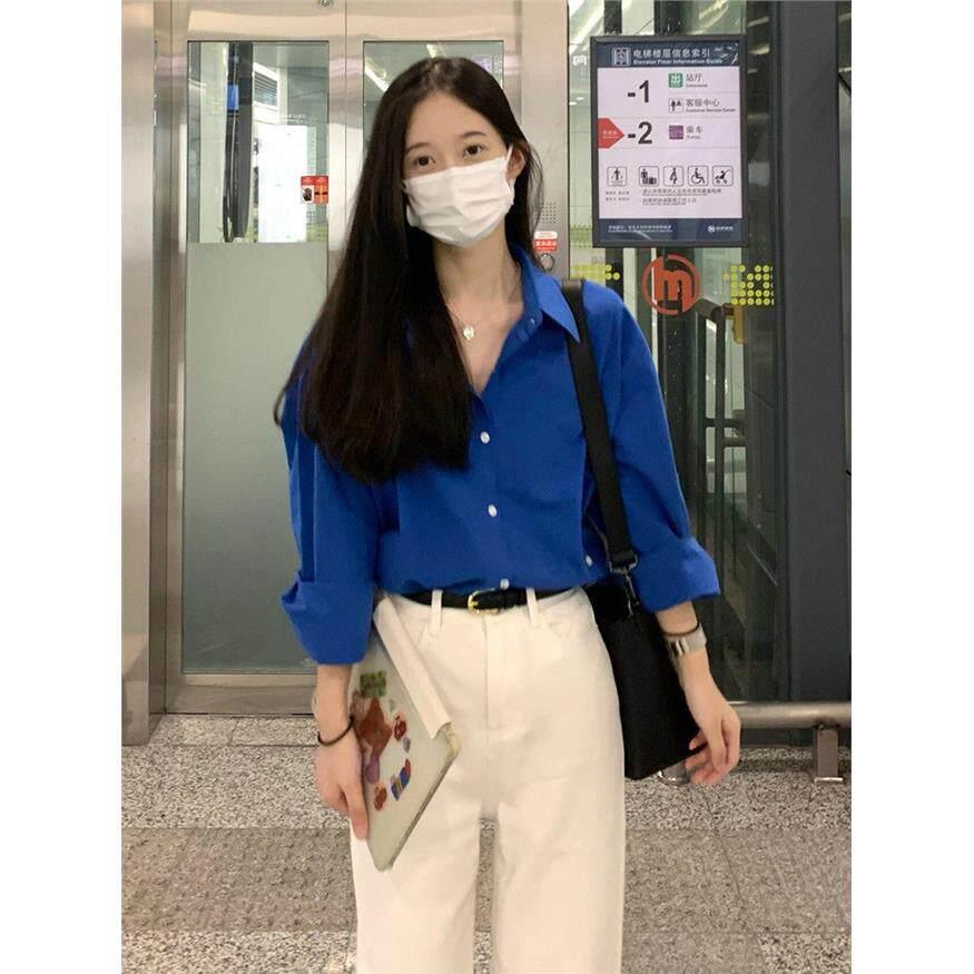 NextMary法式克莱因蓝色长袖衬衫女春季显白高级感衬衫学院风上衣