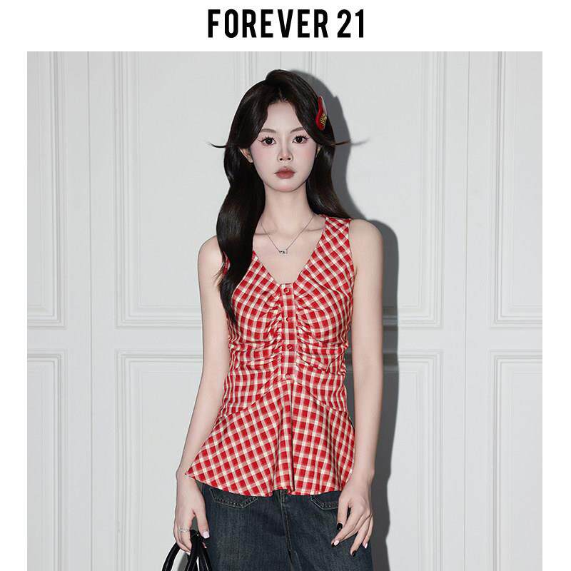 Forever21甜辣独特红格V领收腰背心小衫女春日度假风无袖吊带上衣