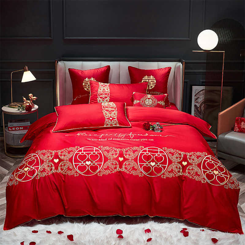 100支婚庆四件套大红色刺绣全棉长绒棉新结婚房礼床上用品六件套4,床上用品,婚庆床品套件,淘宝优惠券,粉丝福利购,淘宝优惠卷