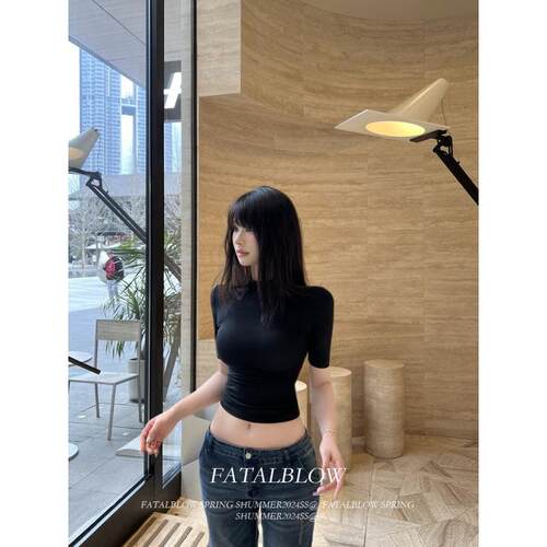 Women Summer Sleeve Casual Black Crop Shirt Tee Fashion