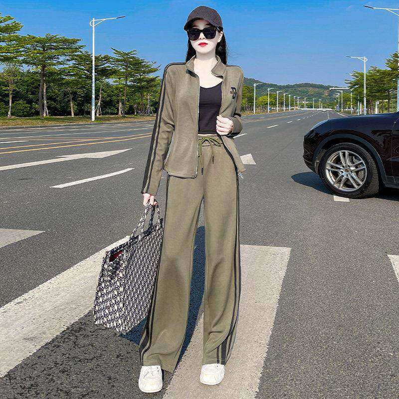 欧洲站休闲 运动套装女2025新款春秋网红炸街长袖厚棉T阔腿裤两件