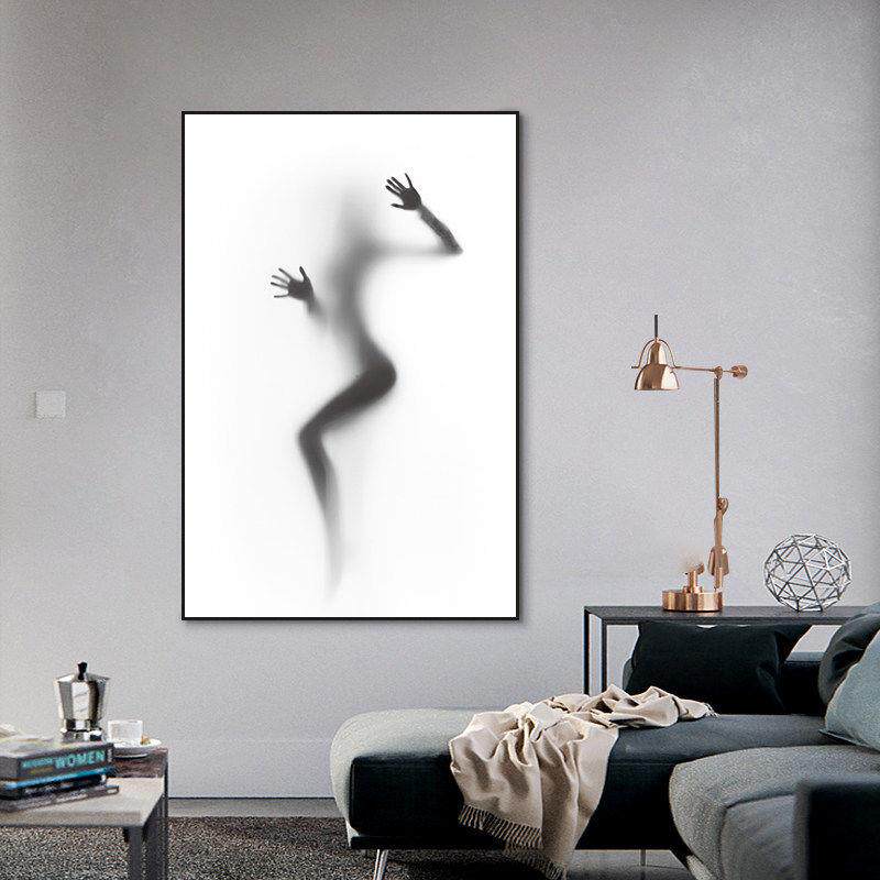 现代极简黑白灰抽象装饰画人物美女小众挂画素描简约客厅卧室壁画