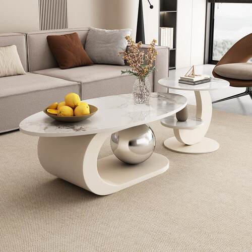 岩板茶几轻奢意式客厅家用椭圆形茶台小户型法式简约茶桌边几组合