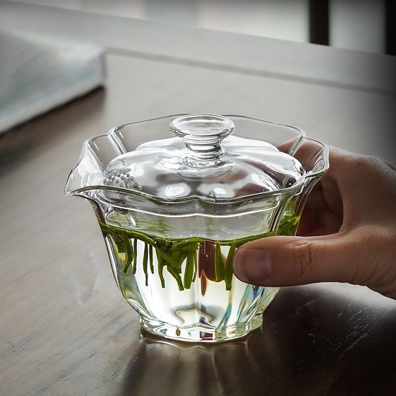 现货加厚透明玻璃百财盖碗功夫茶具带过滤孔家用手抓泡茶碗