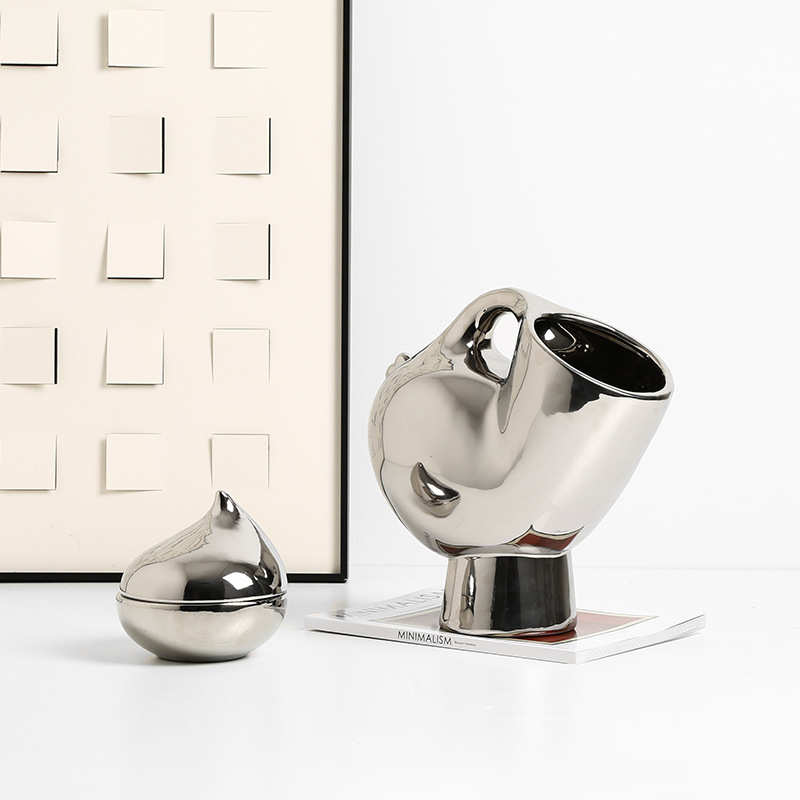 现代简约电镀陶瓷抽象号角花瓶样板房家居电视柜酒柜创意装饰摆件