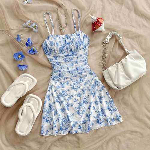 Summer Women's Dress  Blue and Floral Mesh Off-Shoulder