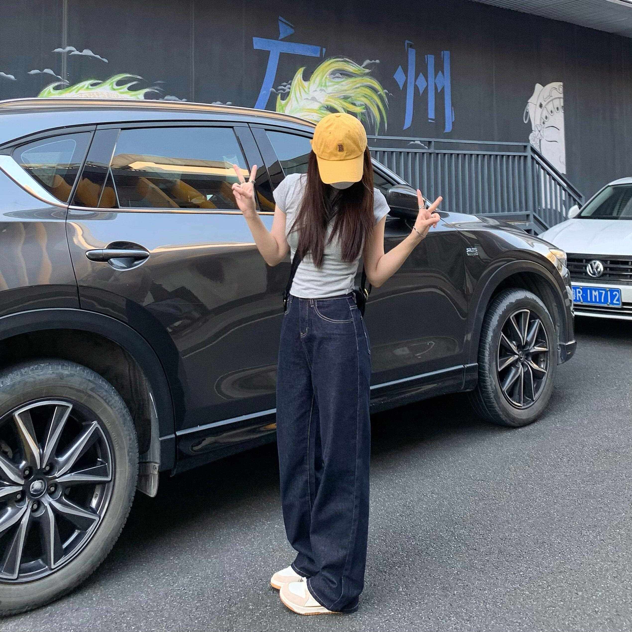 纯哥家深蓝色直筒牛仔裤女2025年春季新款高腰宽松显瘦窄版阔腿裤