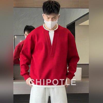 韩国CHIPOTLE设计感假两件V领卫衣男士2026春季时尚百搭长袖上衣