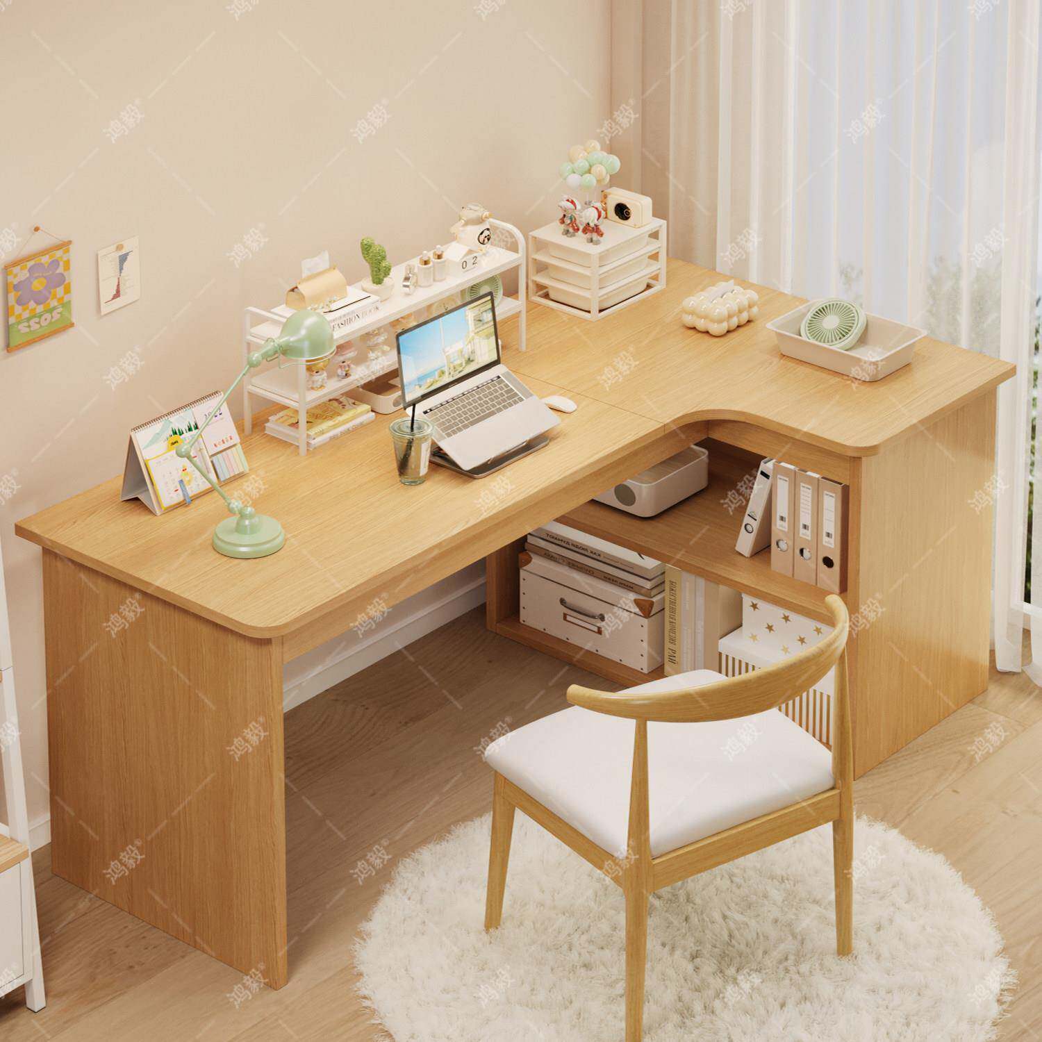 转角书桌书架一体学生学习写字桌卧室收纳书柜梳妆台办公电脑桌