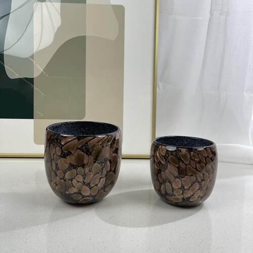 中古风鎏金琉璃小花器餐厅桌面花艺金星点玻璃碗形小花瓶摆件插花