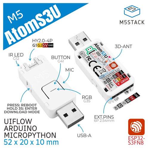 官方M5Stack AtomS3U 物联网多功能ESP32-S3开发板USB Type-A接口