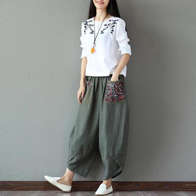 Women's wide leg cotton and linen patchwork pants
