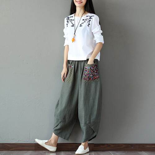Women's wide leg cotton and linen patchwork pants