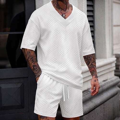 Shorts Shirt Casual Linen V-Neck Loose Summer Beach Mens
