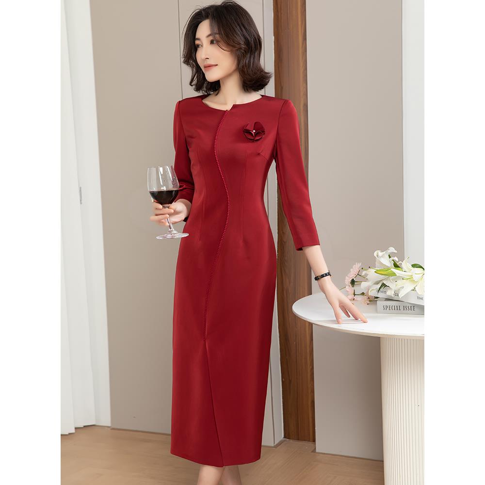 YGSZ喜婆婆婚宴装连衣裙女秋季新款高端轻奢红色喜妈妈礼服裙子