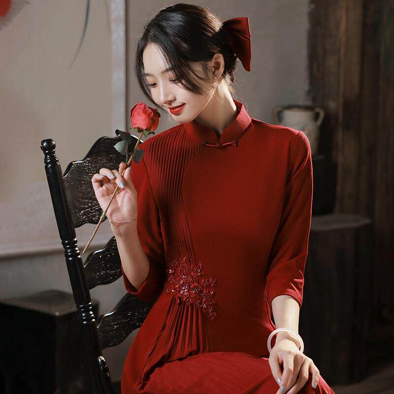 Ocnltiy高端奥黛酒红色改良旗袍秋季新款高级感气质连衣裙女