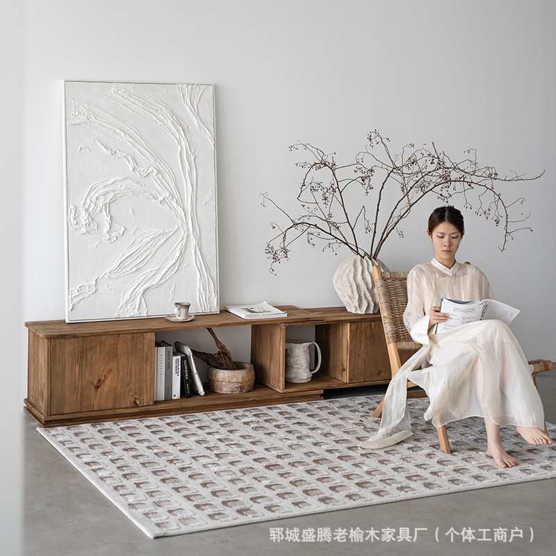 侘寂风实木电视柜老榆木可伸缩落地收纳柜自由调节原木色客厅矮柜