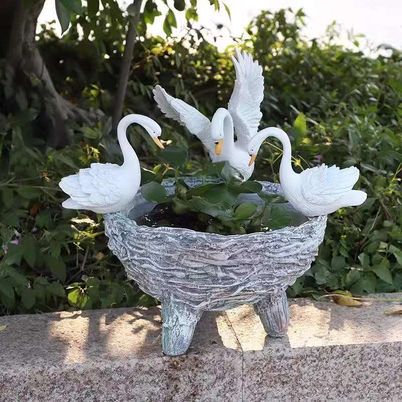 创意阳台装饰可爱天鹅园林水培花盆水仙花铜钱庭院花园树脂摆件代