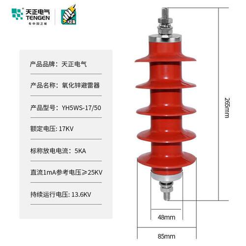 天正10KV高压配电型防雷器避雷器YH/HY5WS-17/50户外硅橡胶一体式