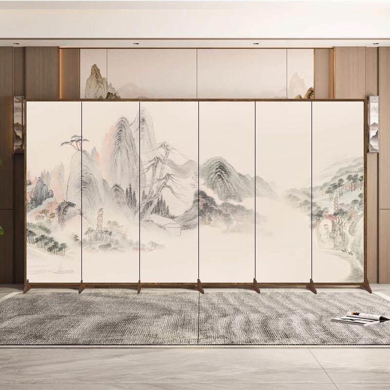 新中式实木屏风隔断客厅玄关折叠移动办公室酒店古典山水双面折屏