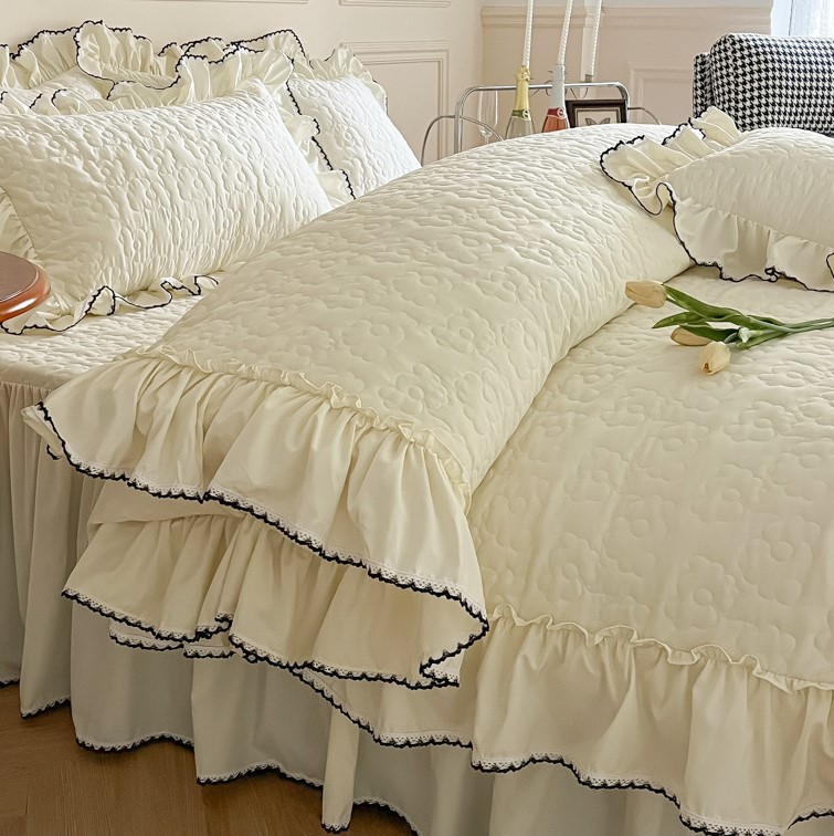 水洗棉绗缝床盖被套床上四件套床裙款夹棉加厚床单女孩床品三件