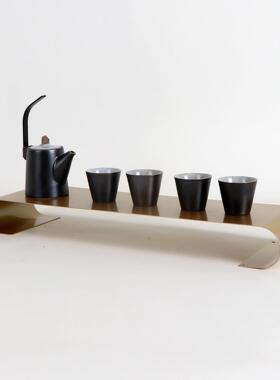 新中式金属弧形托盘样板间客厅茶几茶室茶楼桌面软装饰品茶托摆件