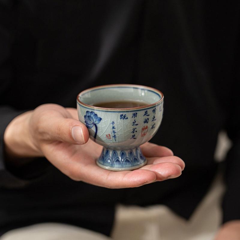 哥窑茶杯仿古青花老陶泥主人杯单杯陶瓷茶具杯子品茗杯茶盏茶碗