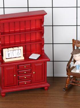 1：12dollhouse娃娃屋迷你家具拍摄道具微缩复古红色书柜展示柜